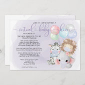 Violet 3 Niedliche Tiere in Masken Virtual Baby Du Einladung (Vorne/Hinten)