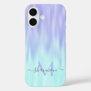 Violet Aqua Blue Pastel Ombre Chic Script Monogram iPhone 16 Hülle