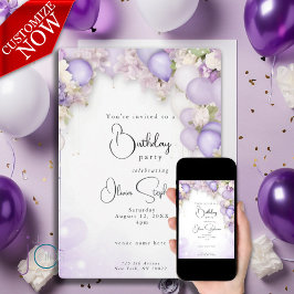 Violet Balloons und Peony Floral QR Geburtstag Einladung