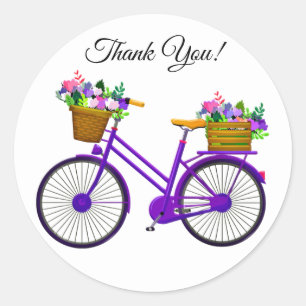 Violet Bicycle with Basket of Blume Danke Runder Aufkleber