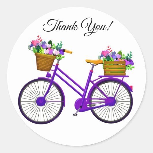 Violet Bicycle with Basket of Blume Danke Runder Aufkleber (Vorderseite)