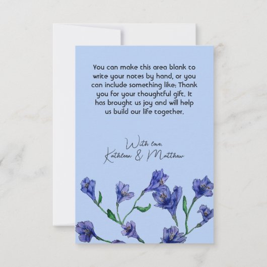 Violet Blue Floral Watercolor Hochzeit Dankeskarte (Rückseite)