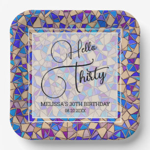 Violet Blue Mosaic Hallo 30. Geburtstag Pappteller