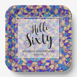 Violet Blue Mosaic Hallo 60. Geburtstag Pappteller