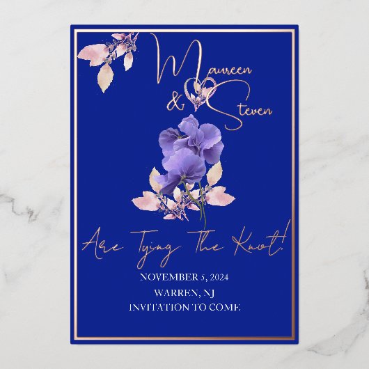 Violet Blume Royal Blue Save the Date Foil Card Folieneinladung (Vorderseite)