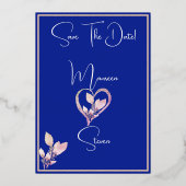 Violet Blume Royal Blue Save the Date Foil Card Folieneinladung (Rückseite)