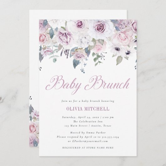 Violet Blush | Floral Baby Brunch Einladung (Vorne/Hinten)