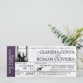 Violet Brazil Wedding Boarding Pass Einladung (Stehend Vorderseite)