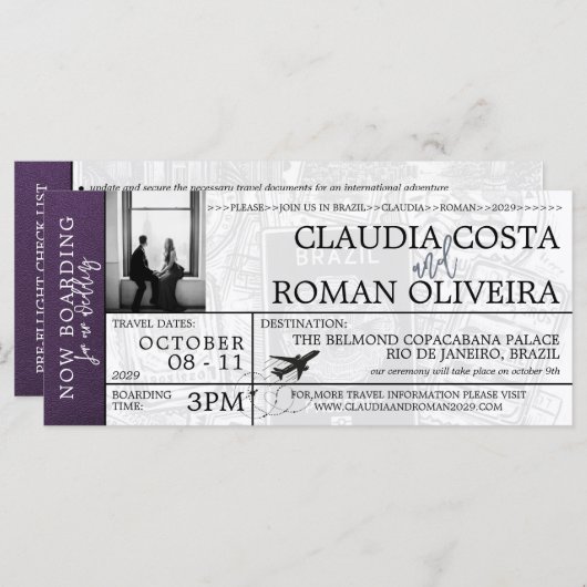 Violet Brazil Wedding Boarding Pass Einladung (Vorne/Hinten)