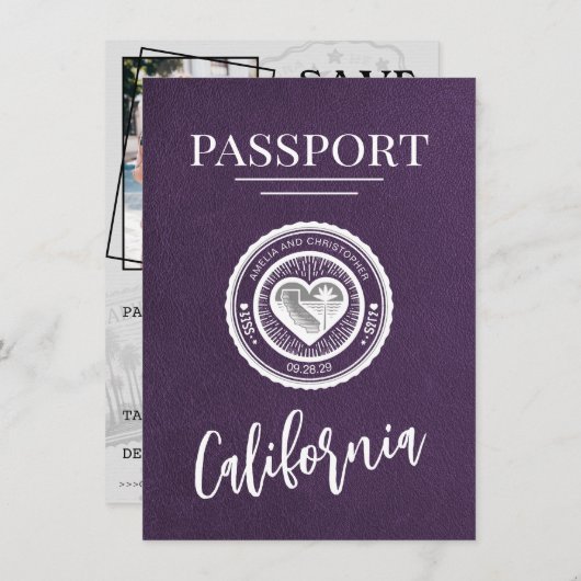 Violet California Passport Save the Date (Vorne/Hinten)