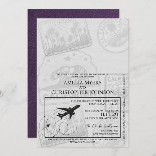 Violet California Passport Wedding Einladung (Vorne/Hinten)