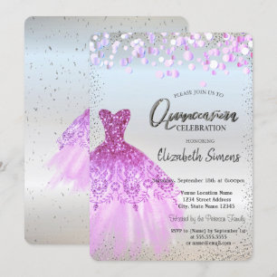 Violet Confetti Dots, Kleid Silver Quinceañera Einladung