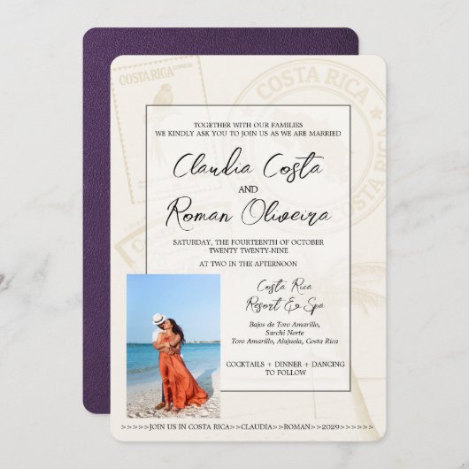 Violet Costa Rica Passport Hochzeit Einladung (Vorne/Hinten)
