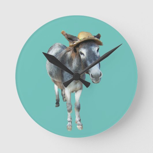 Violet den Donkey in Strohhut mit Blume Runde Wanduhr (Vorderseite)