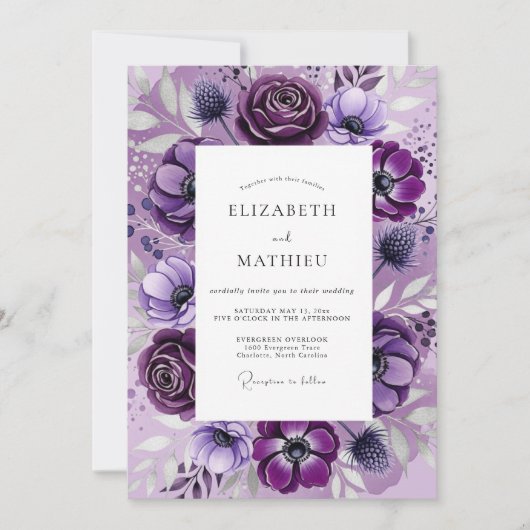 Violet Dramatic Botanical Wedding Einladung (Vorderseite)