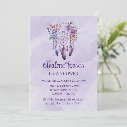 Violet Dreamcatcher und Blume Girl Baby Dusche Einladung (Stehend Vorderseite)