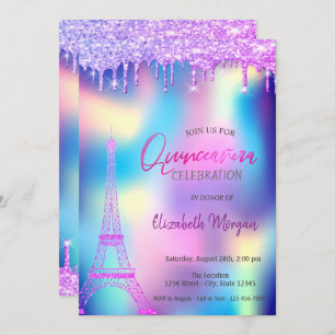Violet Drops Eiffelturm Holographic Quinceanera Einladung
