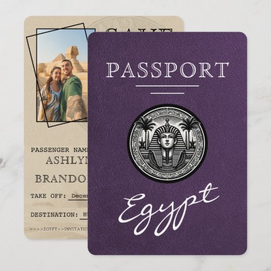 Violet Egypt Passport Wedding Save the Date (Vorne/Hinten)
