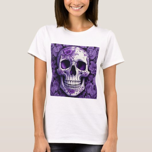 Violet Floral 3D Toter Schädel mit violetten Blume T-Shirt (Vorderseite)
