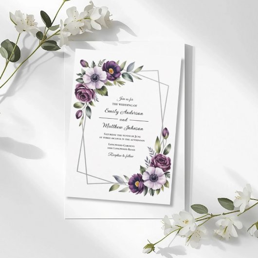 Violet Floral Frame Wedding Invitation Einladung