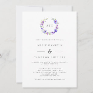Violet Floral Wreath Monogram Wedding Invitation Einladung