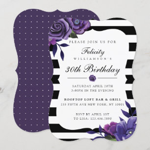 Violet Florals & Black Streifen Geburtstagsfeier Einladung