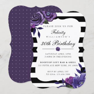 Violet Florals & Black Streifen Geburtstagsfeier Einladung