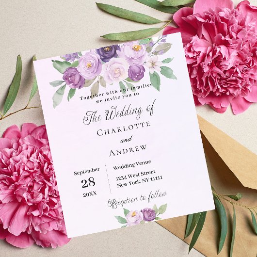Violet flowers budget wedding invitation