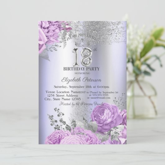 Violet Flowers Glitter Lilac 18th Birthday Einladung (Stehend Vorderseite)