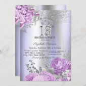 Violet Flowers Glitter Lilac 18th Birthday Einladung (Vorne/Hinten)