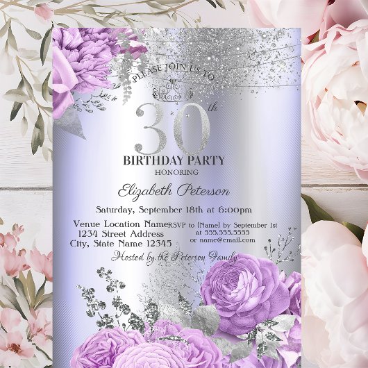 Violet Flowers Glitter Lilac 30th Birthday   Einladung