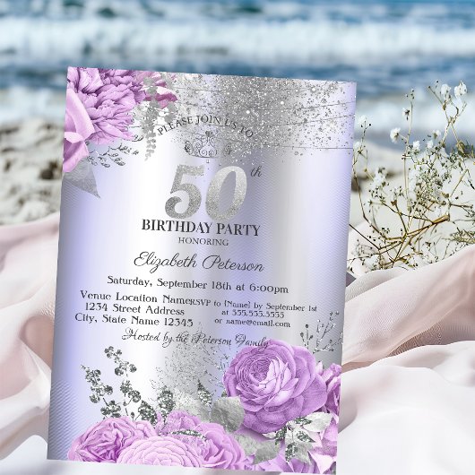 Violet Flowers Glitter Lilac 50th Birthday   Einladung