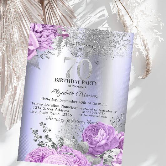 Violet Flowers Glitter Lilac 70th Birthday Einladung