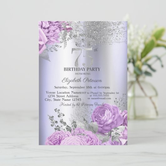 Violet Flowers Glitter Lilac 75th Birthday Einladung (Stehend Vorderseite)