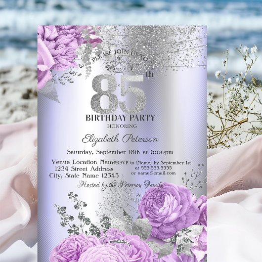 Violet Flowers Glitter Lilac 85th Birthday Einladung