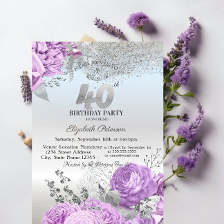 Violet Flowers Glitter Silber 40. Geburtstag Einladung