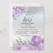 Violet Flowers Glitter Silber 40. Geburtstag Einladung (Vorderseite)