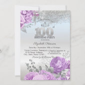 Violet Flowers Glitter Silver 100th Birthday Einladung (Vorderseite)
