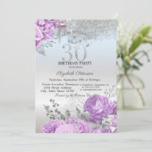 Violet Flowers Glitter Silver 30th Birthday   Einladung (Stehend Vorderseite)