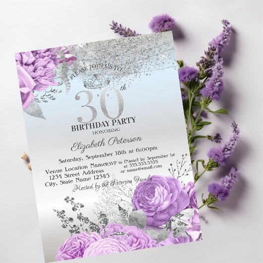 Violet Flowers Glitter Silver 30th Birthday   Einladung