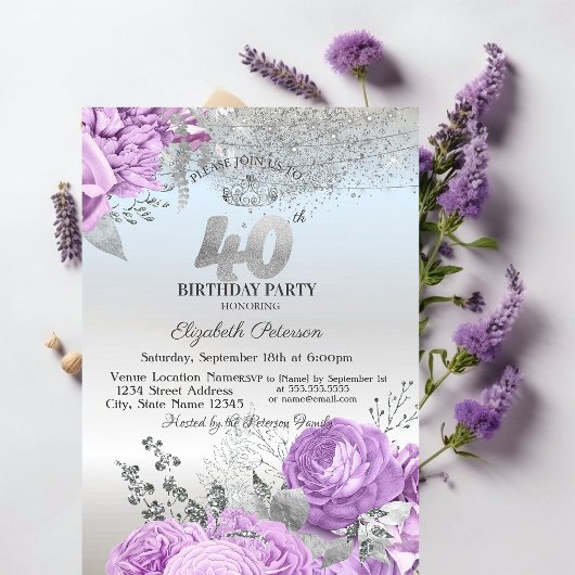 Violet Flowers Glitter Silver 40th Birthday Einladung