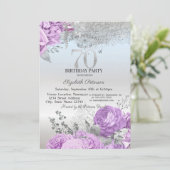 Violet Flowers Glitter Silver 70th Birthday Einladung (Stehend Vorderseite)