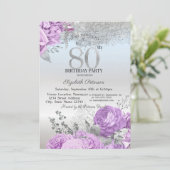 Violet Flowers Glitter Silver 80th Birthday Einladung (Stehend Vorderseite)