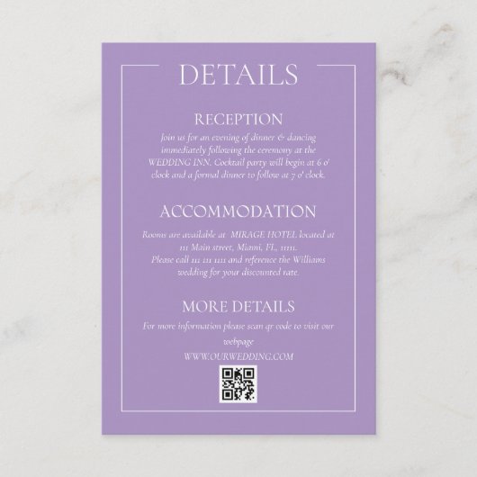 Violet Formal Wedding Details Umschließungskarte Begleitkarte (Vorderseite)