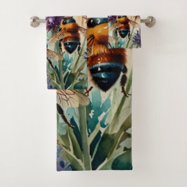 Violet Garden Buzz | Aquarellmalerei Badhandtuch Set