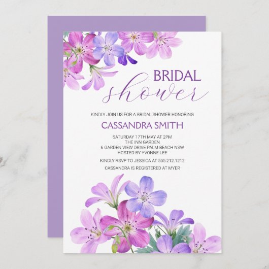 Violet Geranium Greenery Brautparty Einladung (Vorne/Hinten)