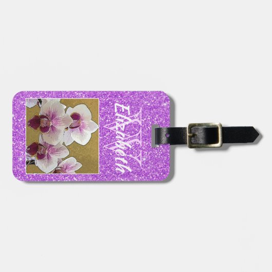 Violet Girly Glitzer Initial Monogram Custom Foto Gepäckanhänger (Vorderseite horizontal)