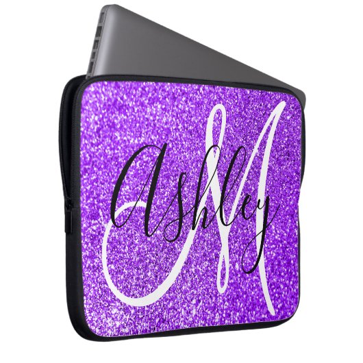 Violet Girly Imitats Glitzer Personalisiert Monogr Laptopschutzhülle (Vorne Rechts)