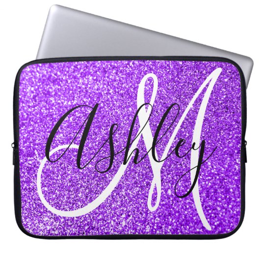 Violet Girly Imitats Glitzer Personalisiert Monogr Laptopschutzhülle (Vorderseite)