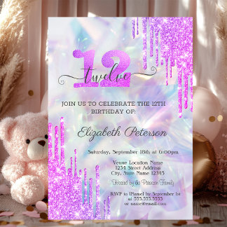 Violet Glitzer Tropfen Holographic 12. Geburtstag Einladung